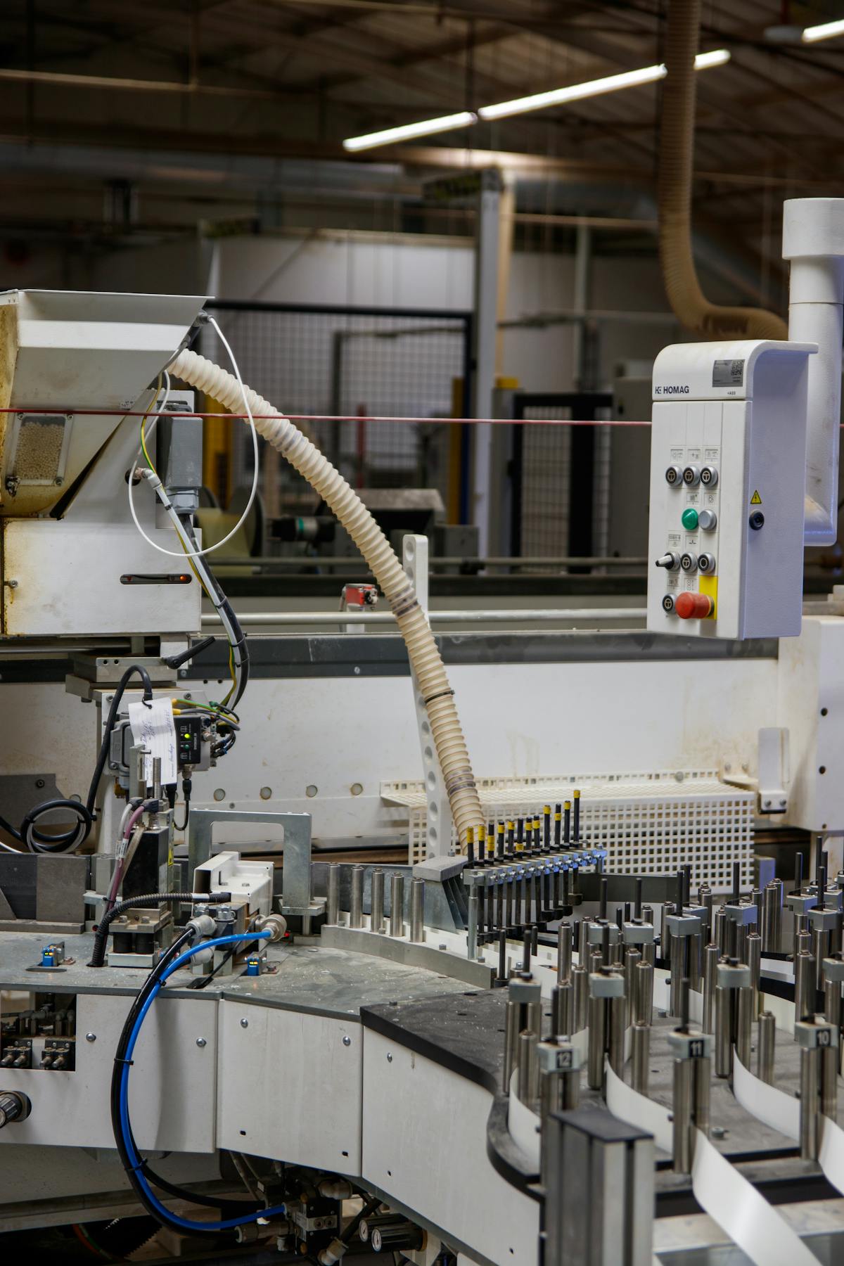 An industrial assembly line with manufacturing equipment.